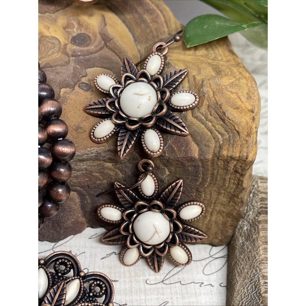 Rose Western Star Copper White Fall Necklace Earring Bracelet Ring SET Southwest - Picture 3 of 16